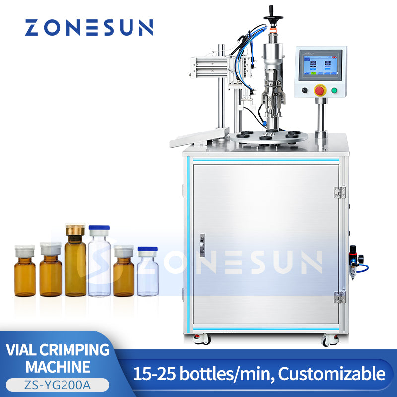 ZONESUN ZS-YG200A semi-automatic aluminum cap vial crimping machine with customizable bottle holders, 15-25 bottles per minute