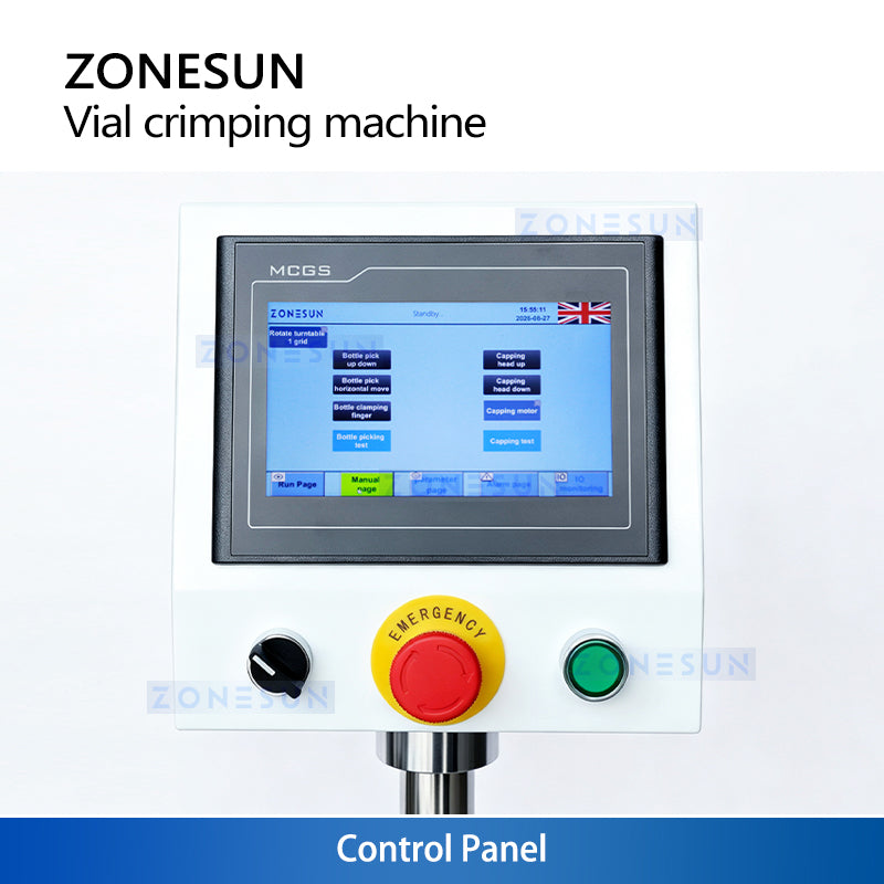 Touchscreen control panel on the ZS-YG200A for operating parameter adjustment and vial crimping control