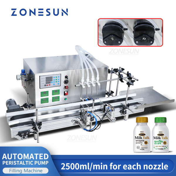 ZONESUN 4 Nozzles Peristaltic Pump Liquid Filling Machine With Conveyor