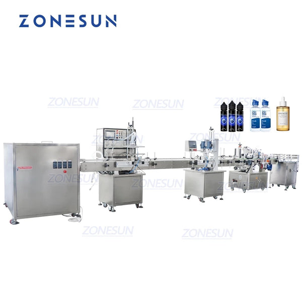 ZONESUN Fully Automatic 4 Heads Magnetic Pump Round Bottles Liquid Filling Capping Labeling Machine
